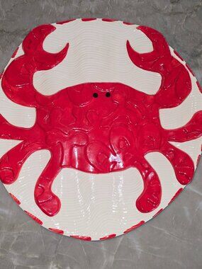 16" Ceramic Serving Platter, Cream and Red Crab, Ocean Nautical Sea Theme